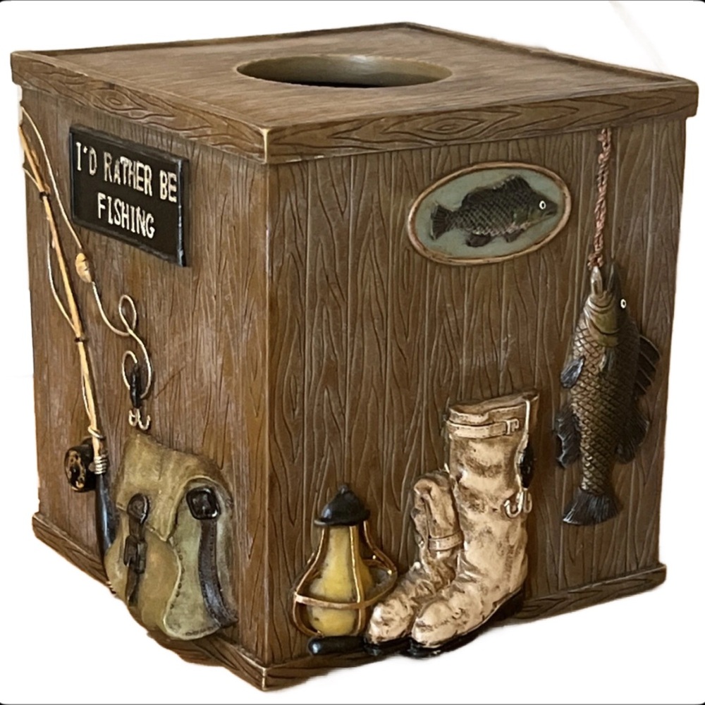 Decorative tissue box cover with a fishing theme